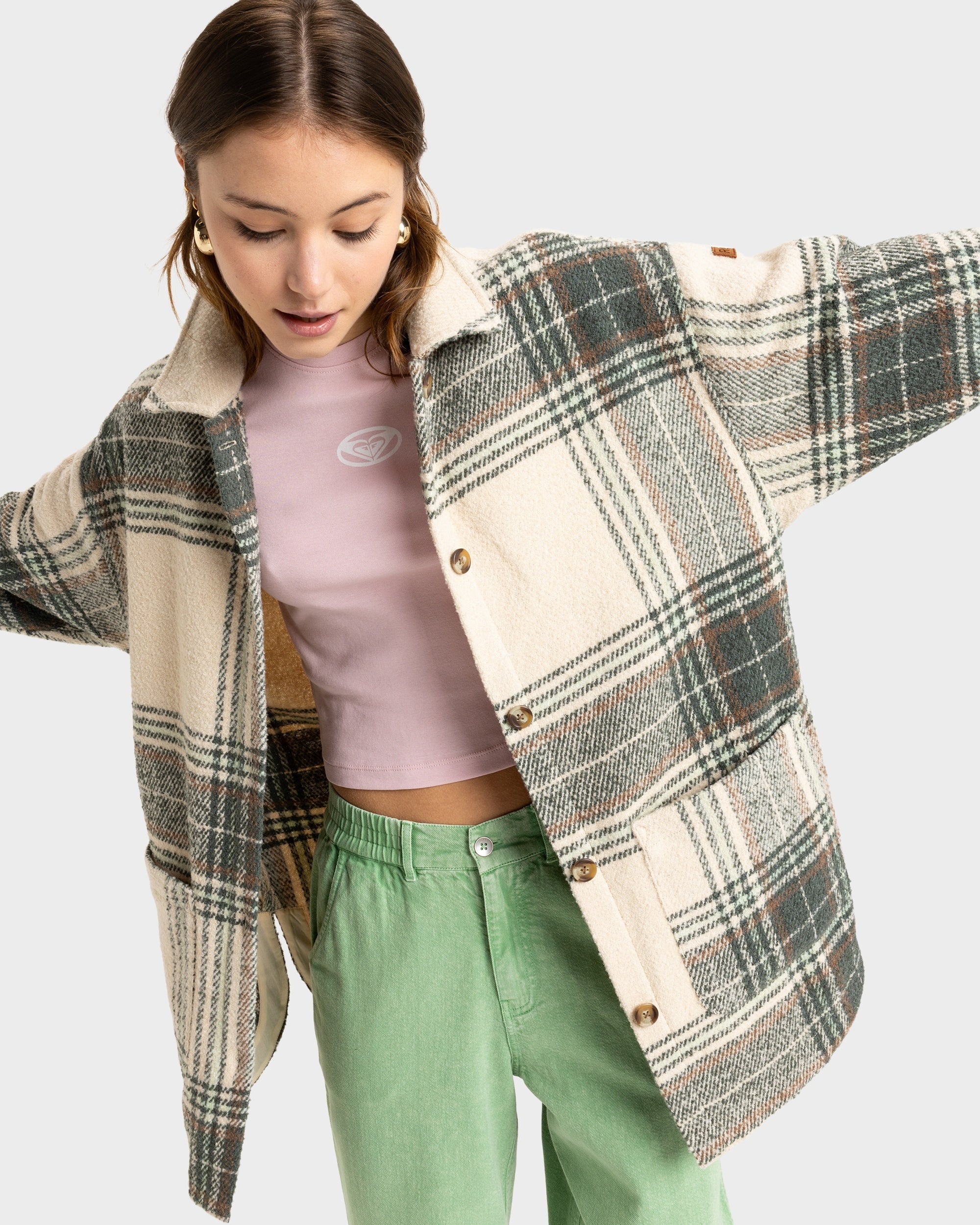 Womens Check Me Now Jackets – Agave Green Olan Plaid – Roxy New