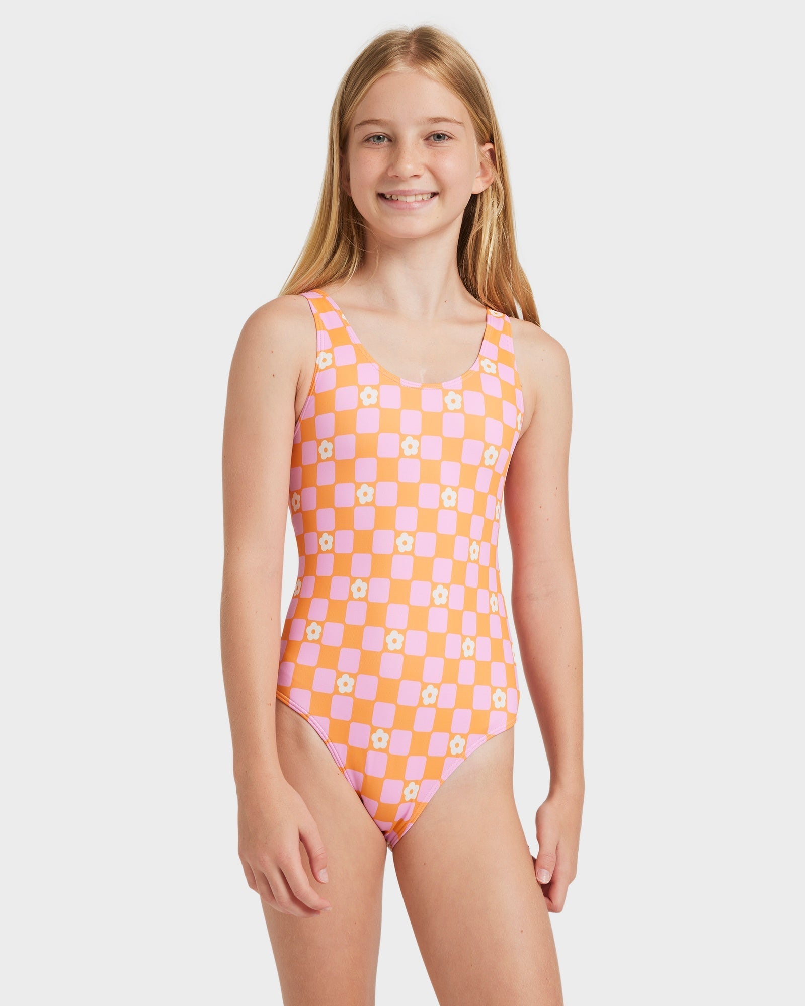 Girls 8-16 Flower Check One Piece