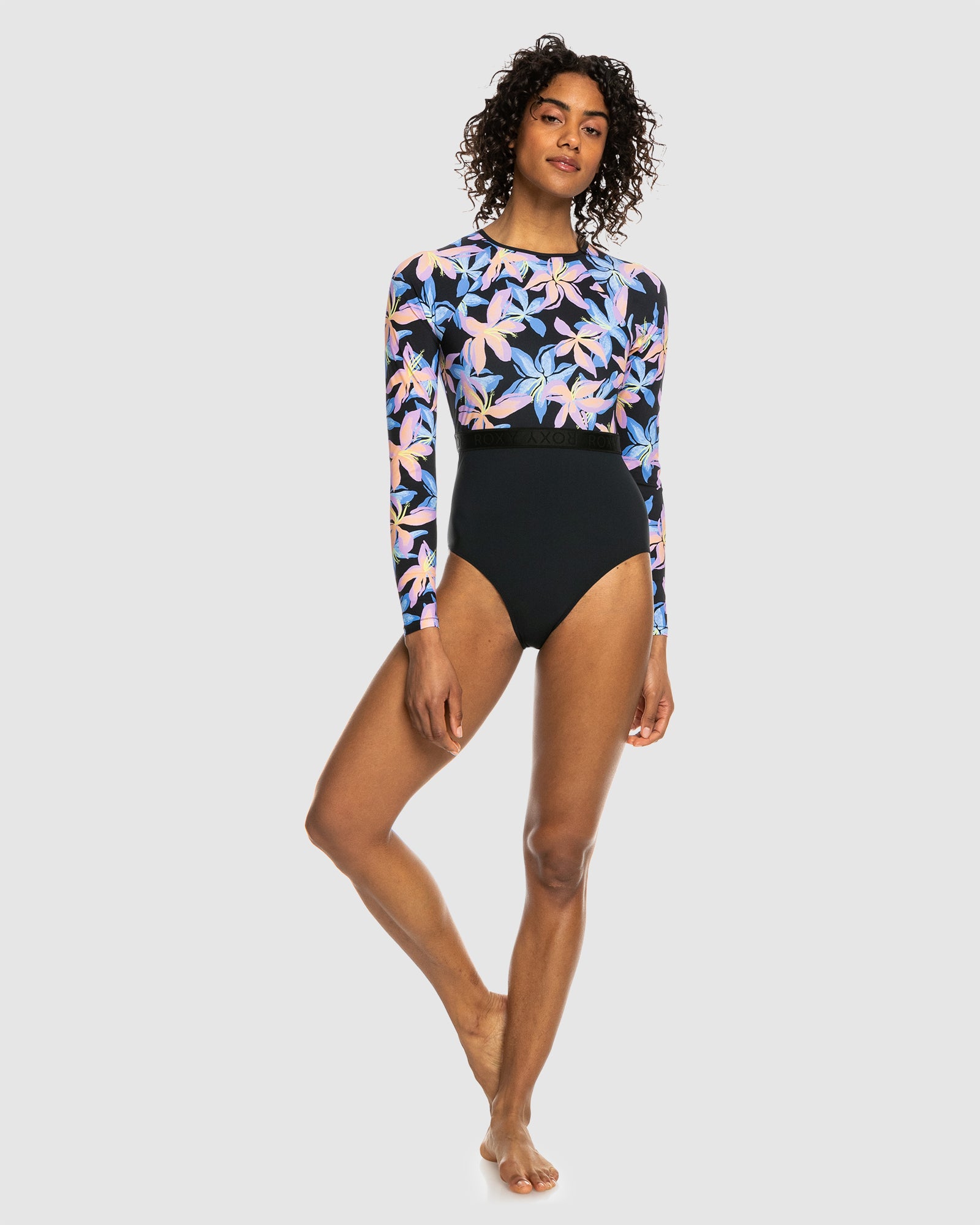 Womens Roxy Active Long Sleeve One Piece Swimsuit ANTHRACITE KISS Roxy