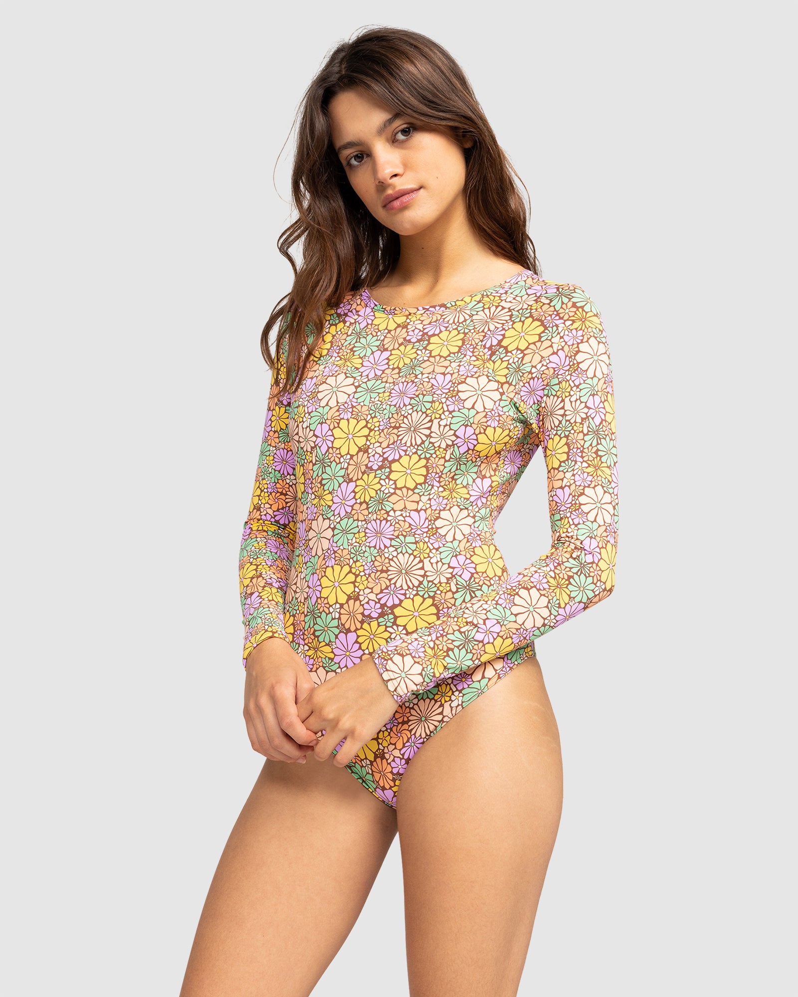 Womens Fashion Long Sleeve One Piece Swimsuit ROOT BEER ALL ABOUT SOL MINI Roxy